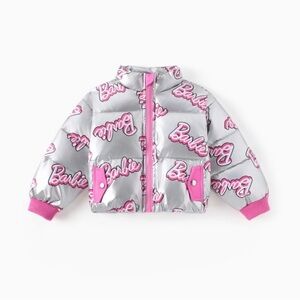Barbie Girl 1pc Logo Pattern Long-sleeve Crop Puffer Jacket Silver and Pink
